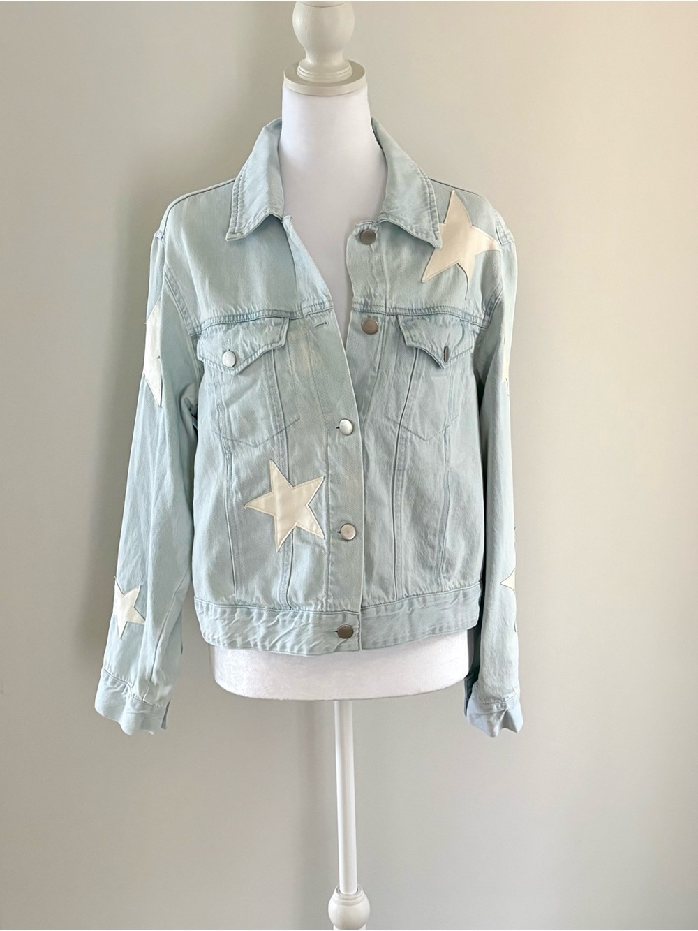Altar'd State Light Blue Denim Jacket with White Star Appliqués
